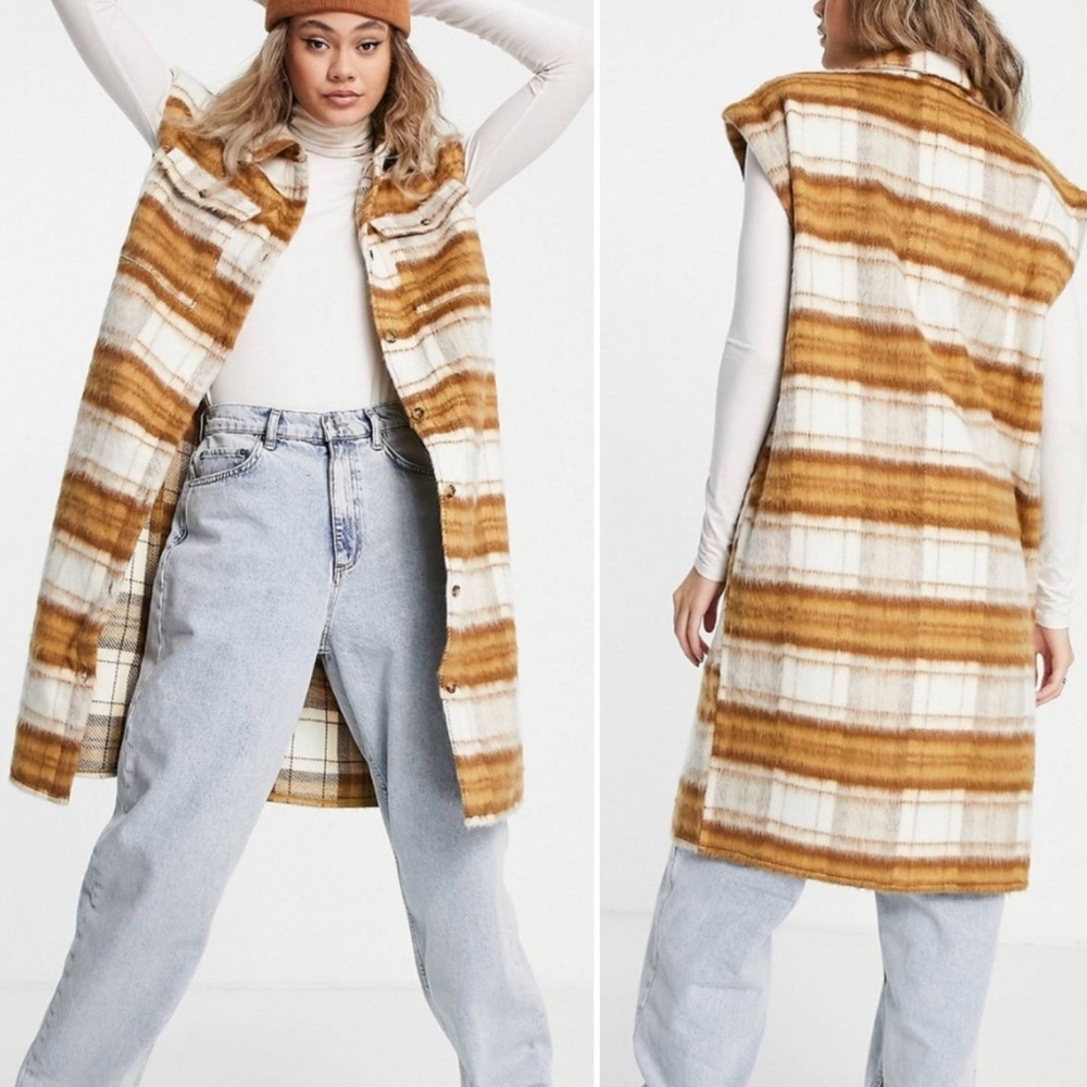 Noisy May Plaid Cotton Button Up Sleeveless Shacket Vest Longline XS